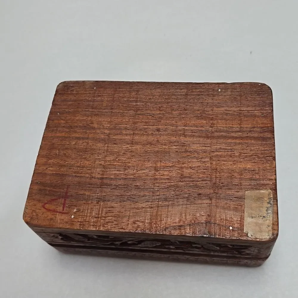 VTG Hand Carved Wooden Floral Trinket Box Blue Velvet Lined Keepsake